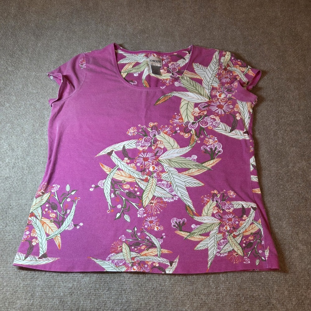 Chicos Womens Floral Tropical Print Scoop Neck T-Shirt Purple Size 1 M